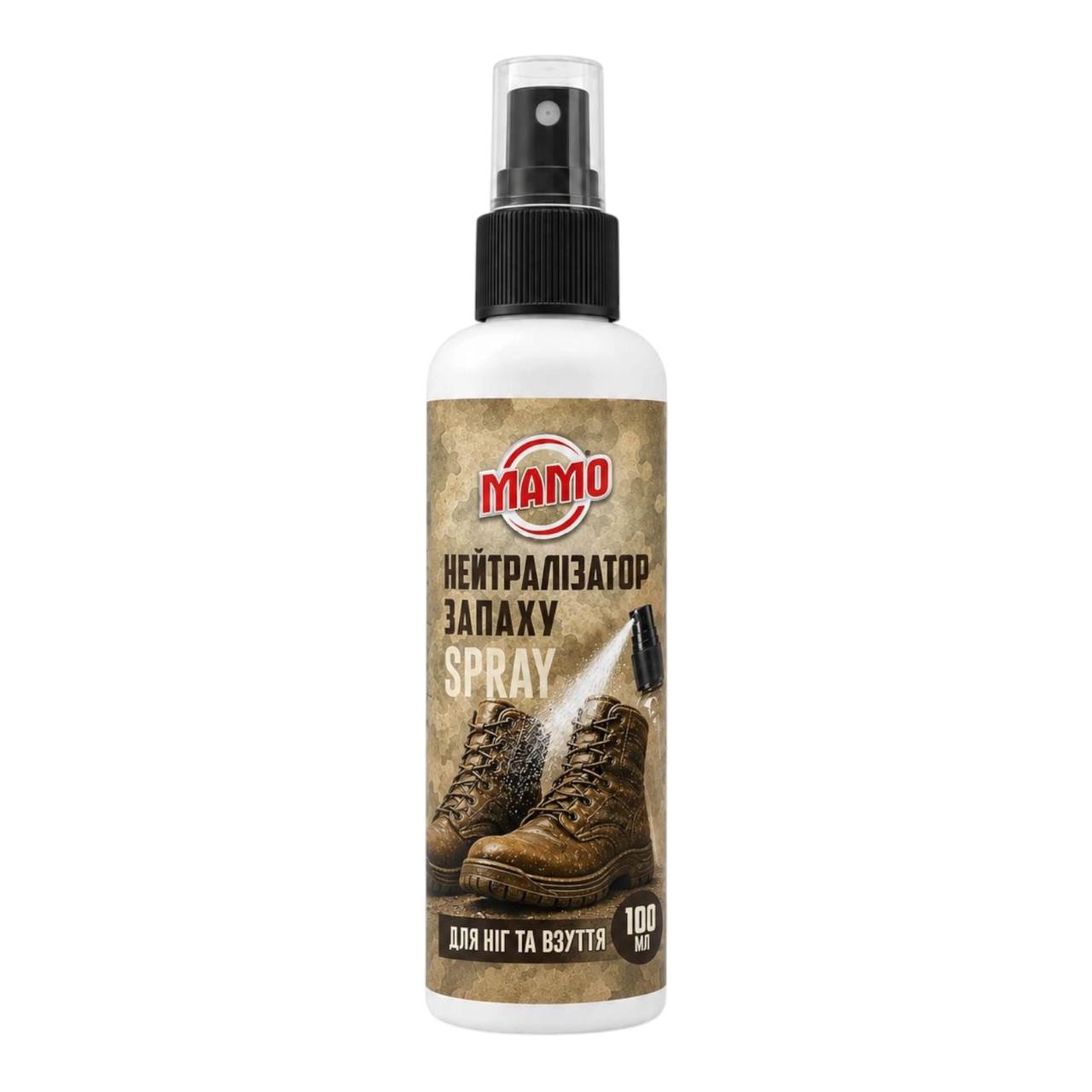 Нейтралізатор запаху для ніг та взуття МАМО Spray, 100 мл Нейтралізатор запаху для ніг та взуття МАМО Spray 100 мл, флакон зі спрей-помпою — вид спереду