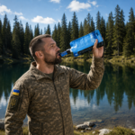 Військовий п’є очищену воду через фільтр Sawyer Mini з м’якого пакета біля лісового озера