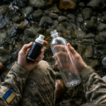 Військовий тримає фільтр Sawyer Micro Squeeze і пляшку для очищення води в польових умовах