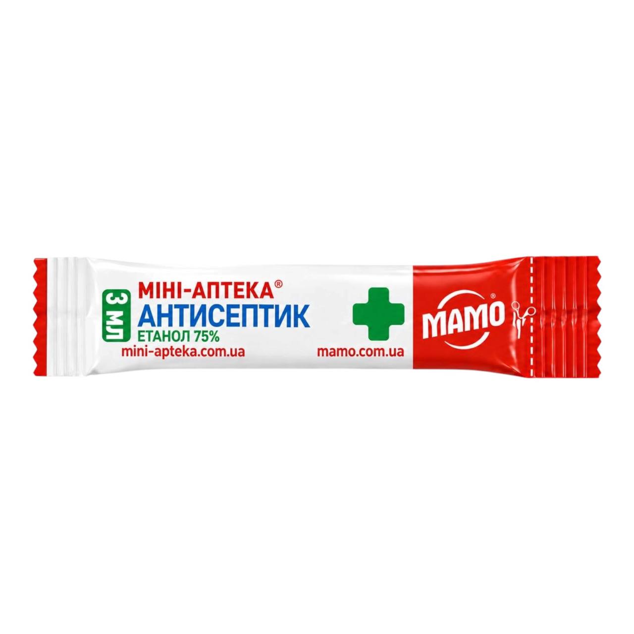 МІНІ-АПТЕКА® Антисептик Етанол 75% — стік 3 мл Антисептик МІНІ-АПТЕКА Етанол 75% стік 3 мл лицева сторона