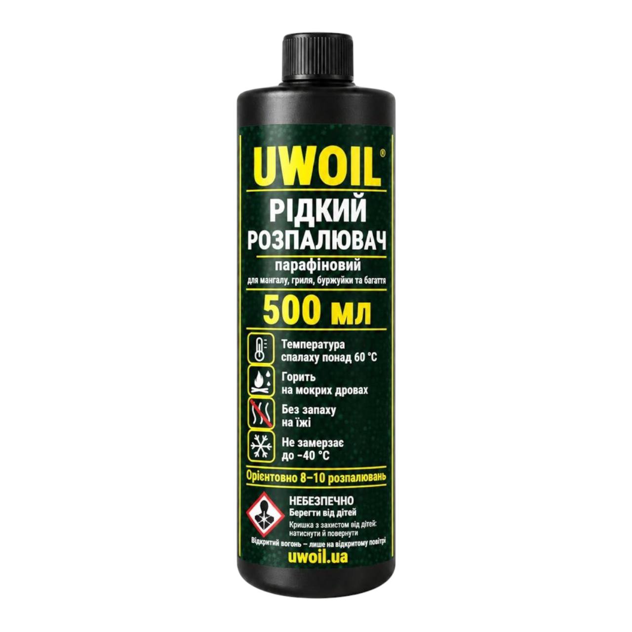 Рідкий розпалювач UWOIL 500 мл — фронт Рідкий розпалювач UWOIL парафіновий 500 мл — чорна пляшка з кришкою від дітей, лицьова панель з піктограмами: спалах понад 60 °C, горить на мокрих дровах, без запаху на їжі