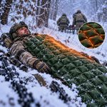 Активна самонагрівна термоковдра МАМО на пораненому під час зимової евакуації — збільшений фрагмент показує нагріті секції, позаду медики несуть ноші